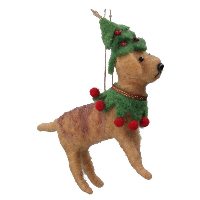 Gisela Graham - Wool Mix Dog with Christmas Hat & Collar Hanging Tree Decoration